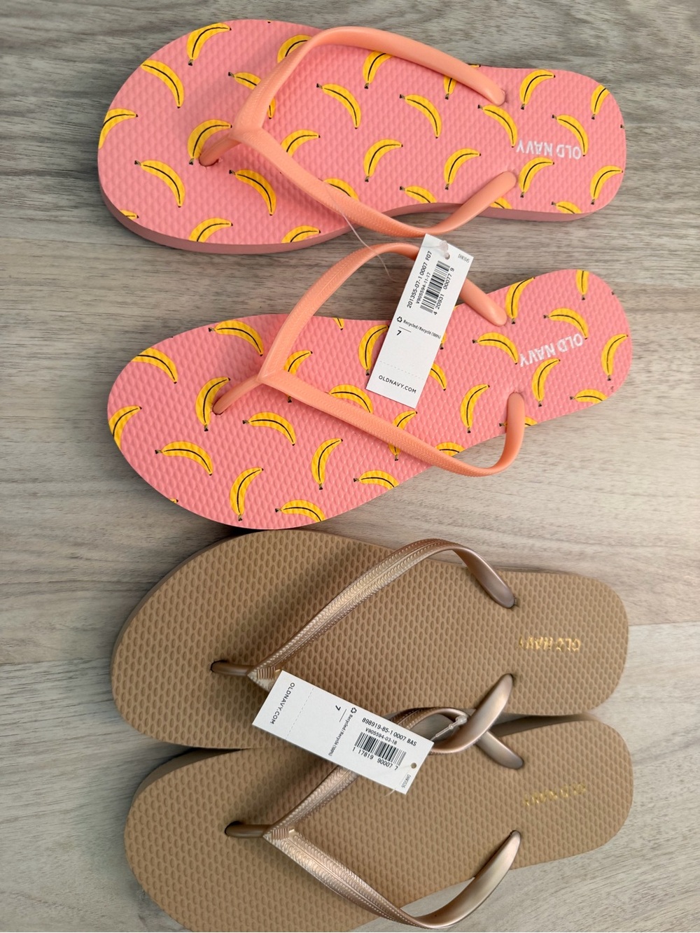 Old Navy Pink Banana-Print Flip Flop Sandals and Tan Metallic Flip Flops 7 NWT
